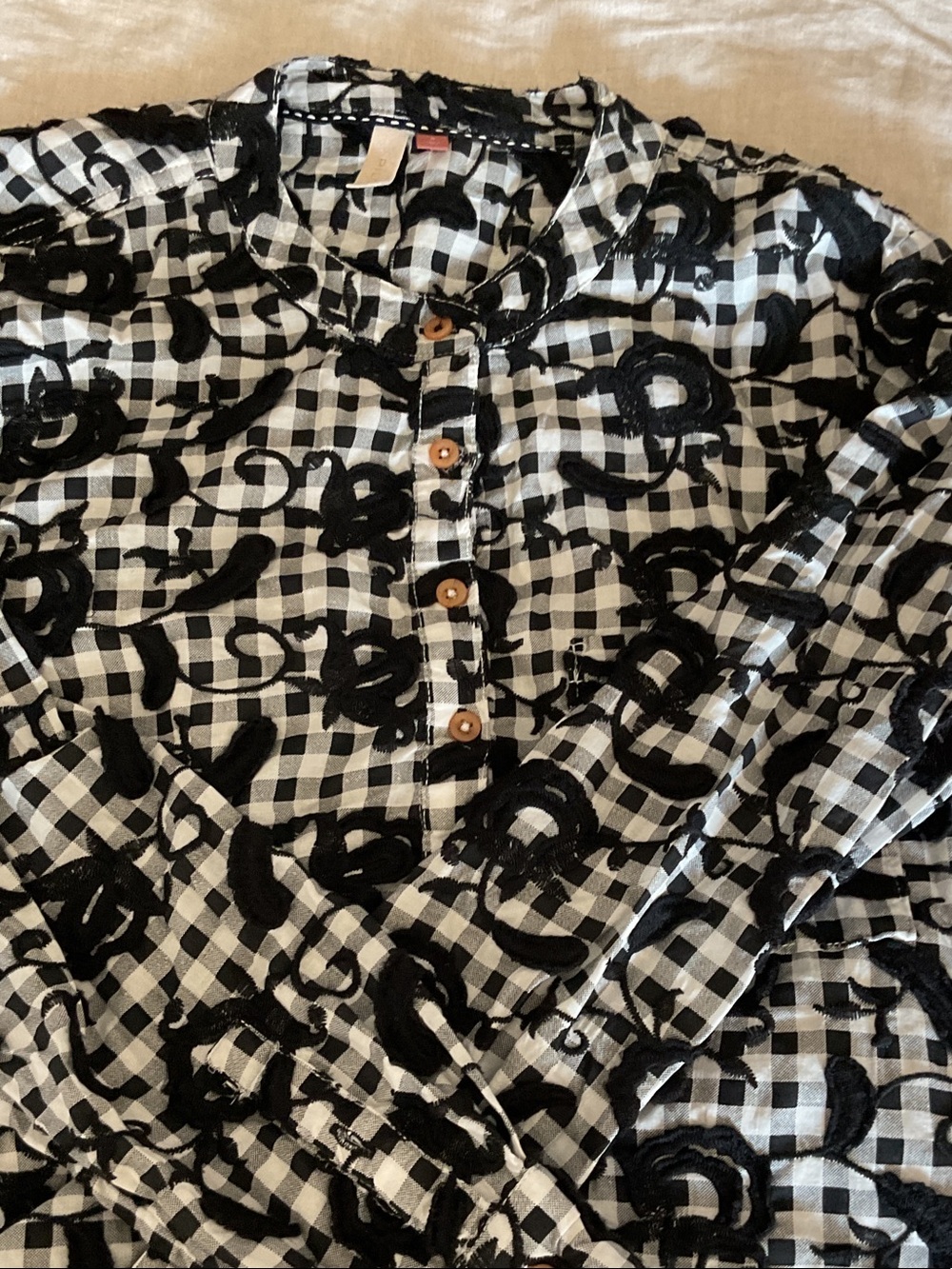 Pilcro Black and White Gingham Top with Floral Embroidery - Picture 3 of 3